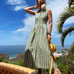 BURU Pink Label Clothing Sleeveless Placket Front Shirtdress - Green Stripe