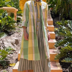 BURU Pink Label Clothing Sleeveless Placket Front Shirtdress - Green Stripe