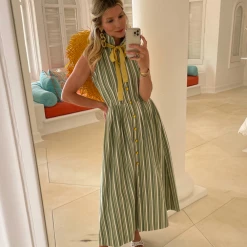 BURU Pink Label Clothing Sleeveless Placket Front Shirtdress - Green Stripe