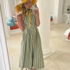 BURU Pink Label Clothing Sleeveless Placket Front Shirtdress - Green Stripe