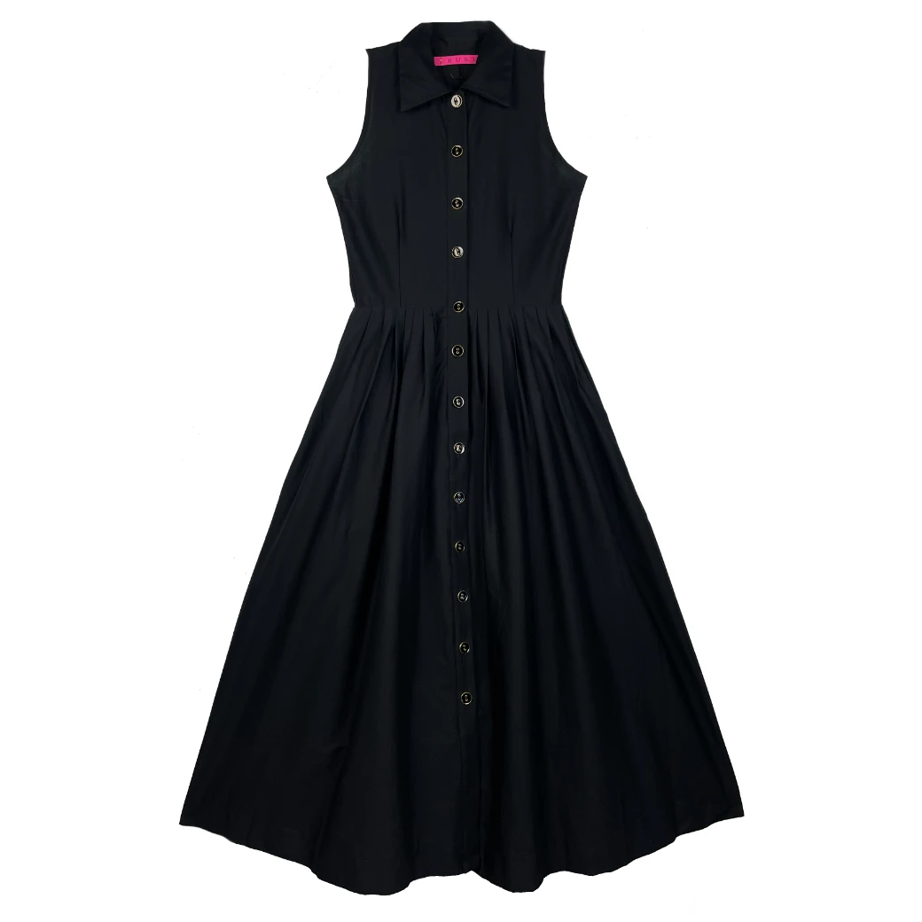 BURU Pink Label Clothing Sleeveless Placket Front Shirtdress- Black Poplin 18 BURU Pink Label Clothing Sleeveless Placket Front Shirtdress- Black Poplin