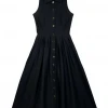 BURU Pink Label Clothing Sleeveless Placket Front Shirtdress- Black Poplin