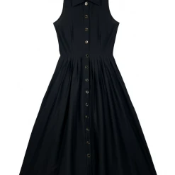 BURU Pink Label Clothing Sleeveless Placket Front Shirtdress- Black Poplin