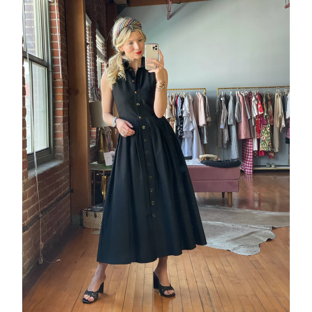 BURU Pink Label Clothing Sleeveless Placket Front Shirtdress- Black Poplin 14 BURU Pink Label Clothing Sleeveless Placket Front Shirtdress- Black Poplin