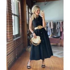 BURU Pink Label Clothing Sleeveless Placket Front Shirtdress- Black Poplin 30 BURU Pink Label Clothing Sleeveless Placket Front Shirtdress- Black Poplin