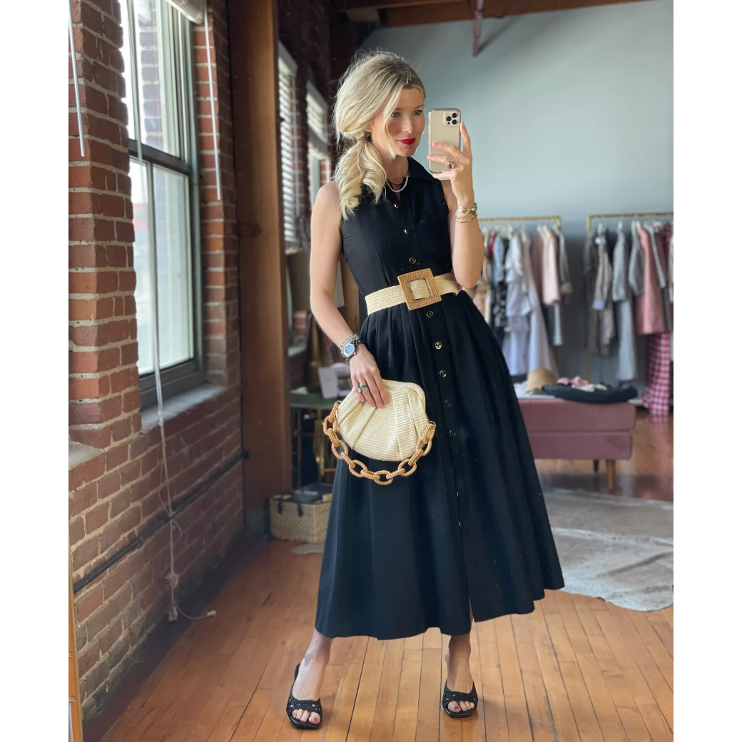 BURU Pink Label Clothing Sleeveless Placket Front Shirtdress- Black Poplin 15 BURU Pink Label Clothing Sleeveless Placket Front Shirtdress- Black Poplin