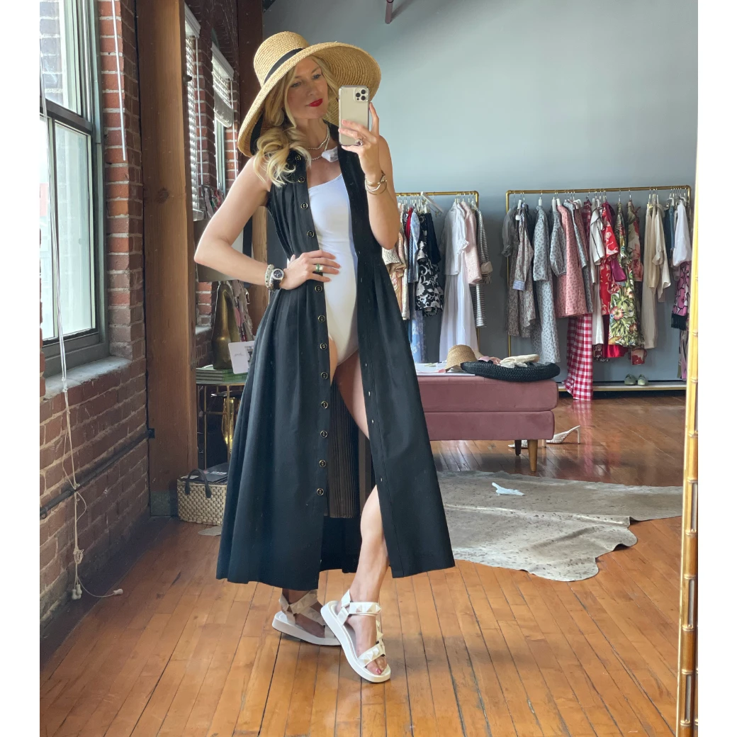 BURU Pink Label Clothing Sleeveless Placket Front Shirtdress- Black Poplin 17 BURU Pink Label Clothing Sleeveless Placket Front Shirtdress- Black Poplin