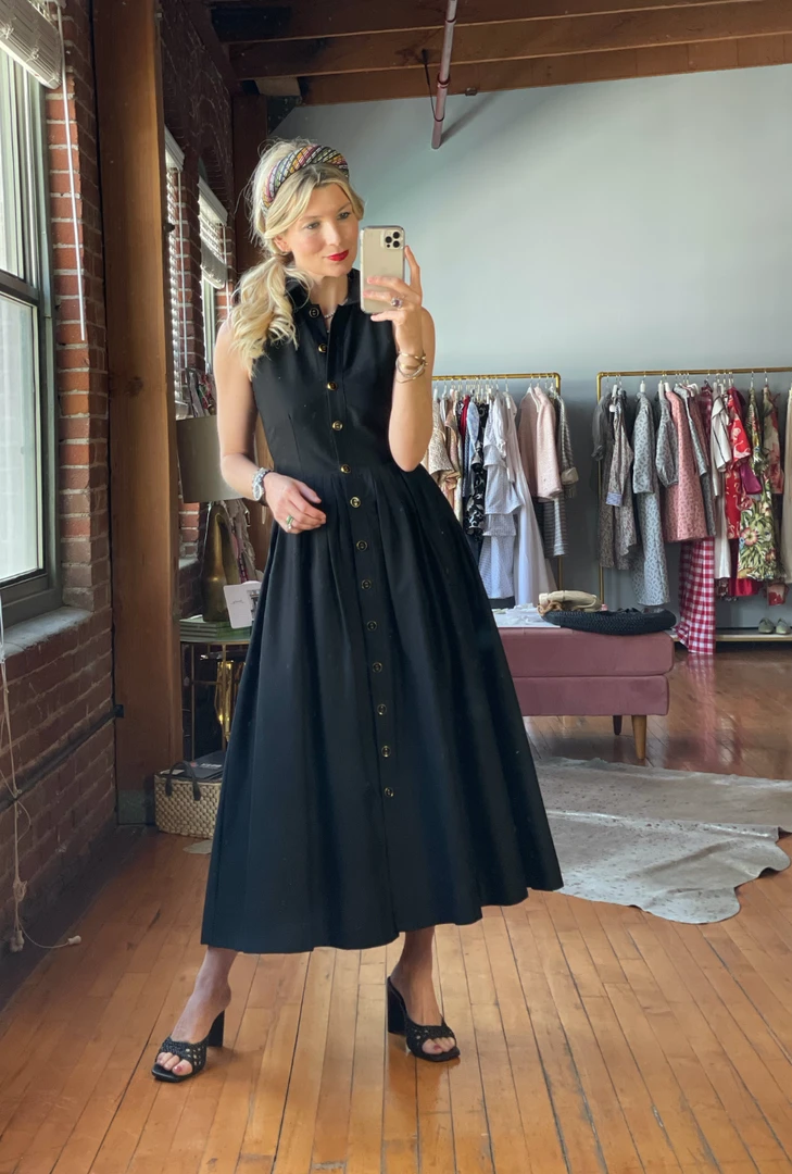 BURU Pink Label Clothing Sleeveless Placket Front Shirtdress- Black Poplin 7 BURU Pink Label Clothing Sleeveless Placket Front Shirtdress- Black Poplin