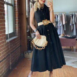 BURU Pink Label Clothing Sleeveless Placket Front Shirtdress- Black Poplin 23 BURU Pink Label Clothing Sleeveless Placket Front Shirtdress- Black Poplin