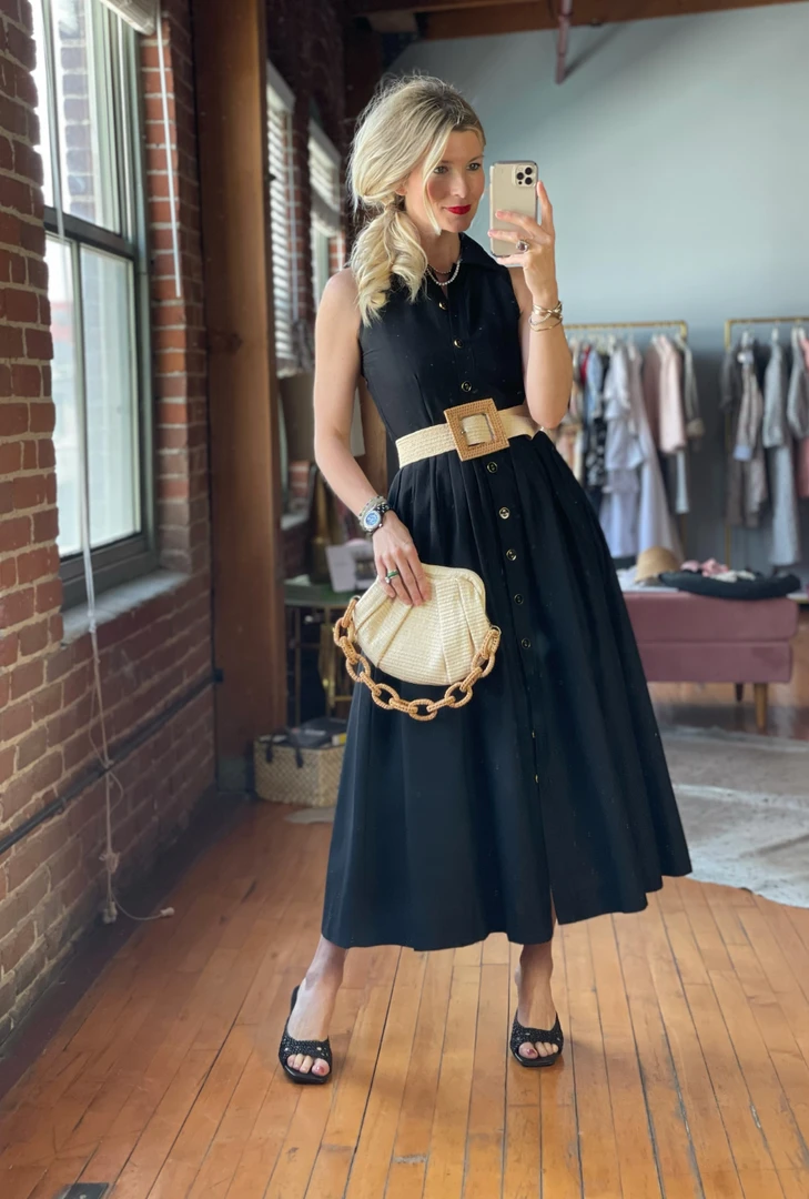 BURU Pink Label Clothing Sleeveless Placket Front Shirtdress- Black Poplin 8 BURU Pink Label Clothing Sleeveless Placket Front Shirtdress- Black Poplin