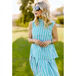 BURU White Label Smocked Waist MIDI Skirt - Green & Pink Plaid