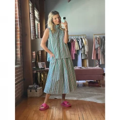 BURU White Label Smocked Waist MIDI Skirt - Green & Pink Plaid