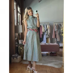 BURU White Label Smocked Waist MIDI Skirt - Green & Pink Plaid