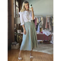 BURU White Label Smocked Waist MIDI Skirt - Green & Pink Plaid