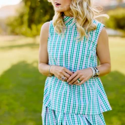 BURU White Label Clothing Sleeveless Mod Top - Green & Pink Plaid