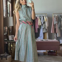 BURU White Label Smocked Waist MIDI Skirt - Green & Pink Plaid