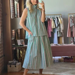 BURU White Label Clothing Sleeveless Mod Top - Green & Pink Plaid