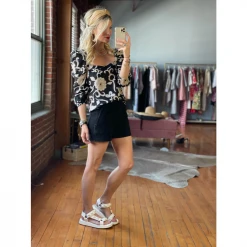 BURU Pink Label Square Neck Long Sleeve Top - Black Floral Clothing