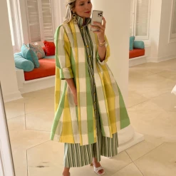 BURU Pink Label Swing Coat Knee Length - Yellow & Green Plaid Clothing
