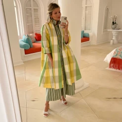 BURU Pink Label Swing Coat Knee Length - Yellow & Green Plaid Clothing