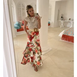 BURU Pink Label Sleeveless Ruffle Blouse - Tan Stripe Clothing