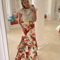 BURU Pink Label Sleeveless Ruffle Blouse - Tan Stripe Clothing