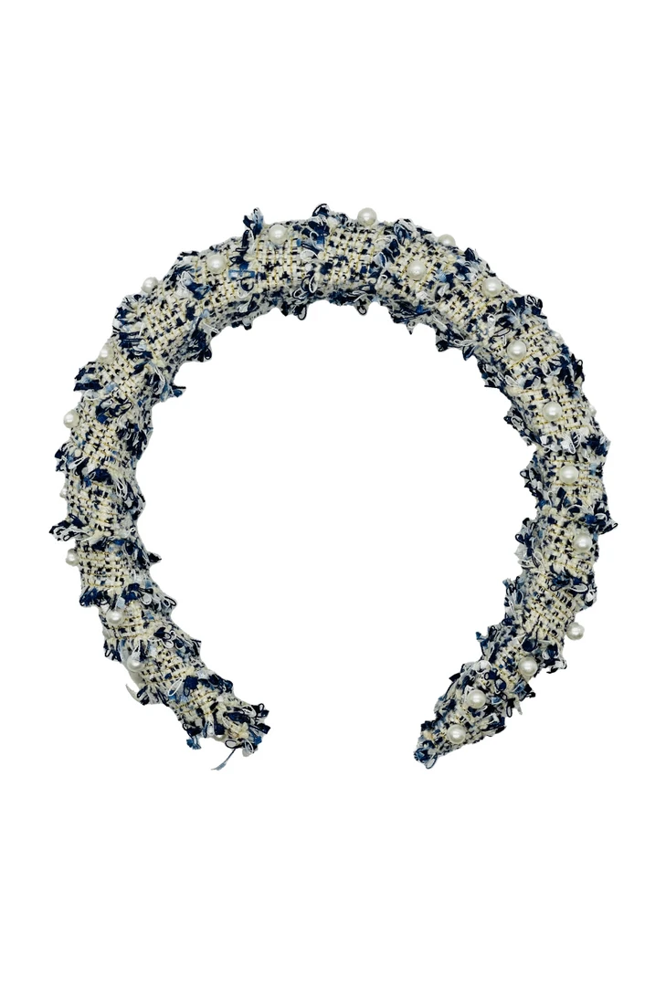 BURU Accessories Tweed & Pearl Puff Headband - Blue 3 BURU Accessories Tweed & Pearl Puff Headband - Blue