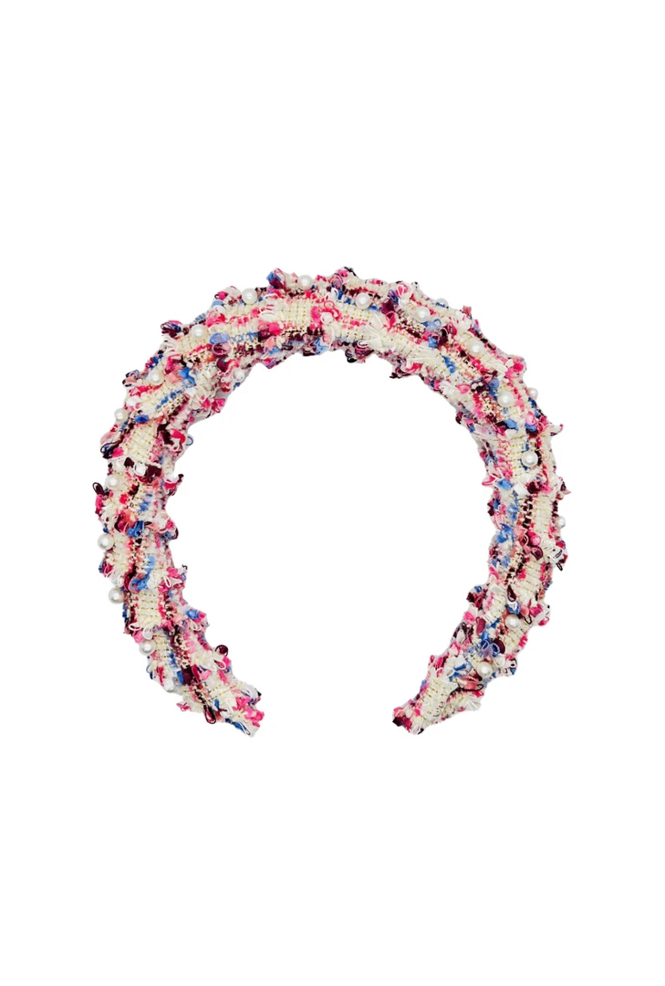 BURU Accessories Tweed & Pearl Puff Headband - Pink 3 BURU Accessories Tweed & Pearl Puff Headband - Pink