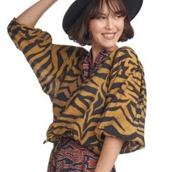 BURU White Label Tops Drawstring Henley Blouse - Animal Print - Final Sale