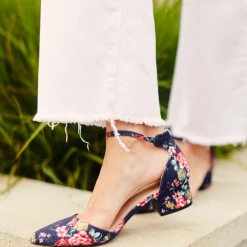 Shoes Ankle Strap Block Heels - Navy Floral Accessories