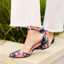 Shoes Ankle Strap Block Heels - Navy Floral Accessories