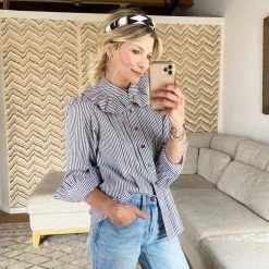 BURU Pink Label Tops Ruffle Collar Blouse - Black & White Poplin Stripe