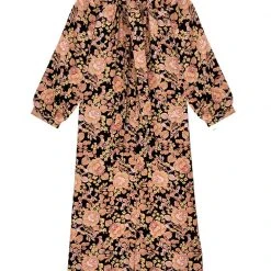 BURU Bow Housecoat - Black & Rose Crepe Clothing