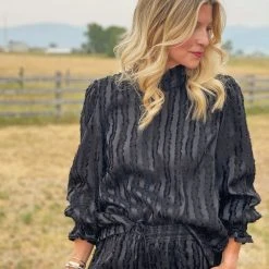 BURU White Label Tops Long Sleeve Mod Top - Black Fringe