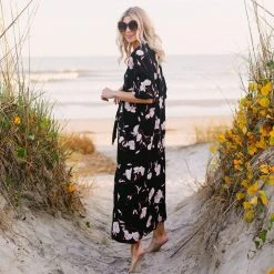 BURU Pink Label Clothing Black Friday Bow Housecoat - Black & Ivory Rose PRE-SALE