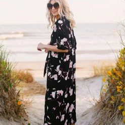 BURU Pink Label Clothing Black Friday Bow Housecoat - Black & Ivory Rose PRE-SALE