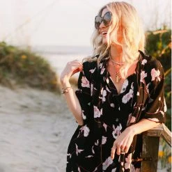 BURU Pink Label Clothing Black Friday Bow Housecoat - Black & Ivory Rose PRE-SALE