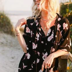 BURU Pink Label Clothing Black Friday Bow Housecoat - Black & Ivory Rose PRE-SALE