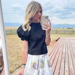 BURU Pink Label Puff Sleeve Top - Black Poplin