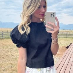 BURU Pink Label Puff Sleeve Top - Black Poplin