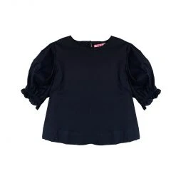 BURU Pink Label Puff Sleeve Top - Black Poplin