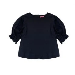 BURU Pink Label Puff Sleeve Top - Black Poplin