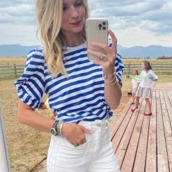 BURU White Label Tops Sivas Statement Tee - Blue & White Stripe