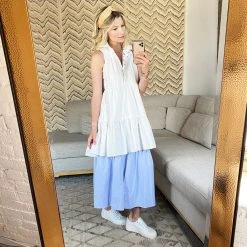 BURU Pink Label Dresses Reversible Tiered Mini Dress - White Textured Cotton & Floral - Final Sale