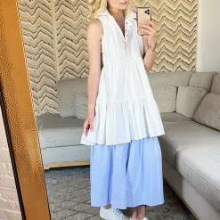 BURU Pink Label Dresses Reversible Tiered Mini Dress - White Textured Cotton & Floral - Final Sale