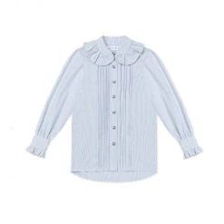BURU Pink Label Ruffle Collar Blouse - Blue & White Oxford Stripe