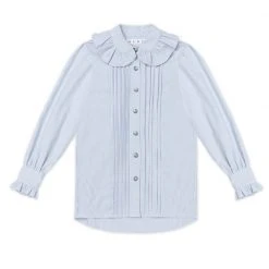 BURU Pink Label Ruffle Collar Blouse - Blue & White Oxford Stripe
