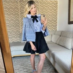 BURU Pink Label Ruffle Collar Blouse - Blue & White Oxford Stripe