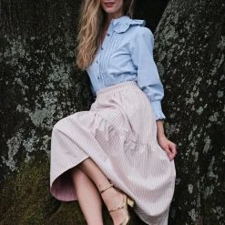 BURU Pink Label Ruffle Collar Blouse - Blue & White Oxford Stripe