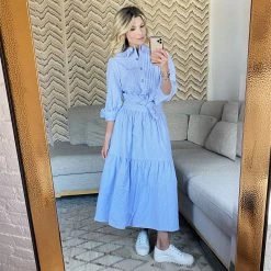 BURU Pink Label Ruffle Collar Blouse - Blue & White Oxford Stripe